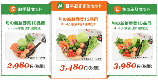 九州野菜王国の「野菜セット」３種類